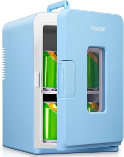 FOHERE Mini Fridge 15L/21 Cans, Small Portable Fridge 240V/12V, Silent Mode, Hot/Cold Function, Cosmetic Fridge
