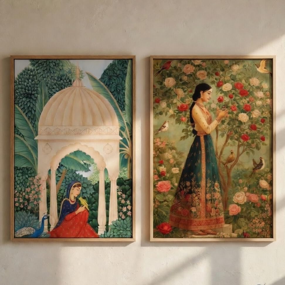 Livin'luxe Indian Traditional Garden Wall Painting Set of 2 with Wooden Frames | Vintage Royal Lady & Palace Garden Artwork HD Sparkle Laminated MDF Wall Decor for Living Room Bedroom Hallway