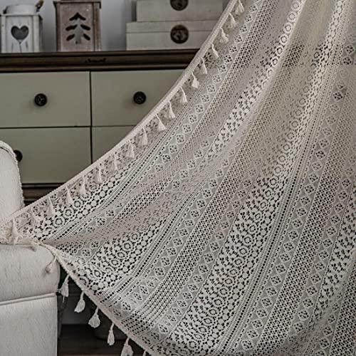 Vctops Farmhouse Cotton Crochet Lace Window Curtain Panel With Tassels Rod Pocket Semi Sheer Hollow Curtains For Bedroom Living Room, 1 Piece (Beige,59"X63") #TOP2