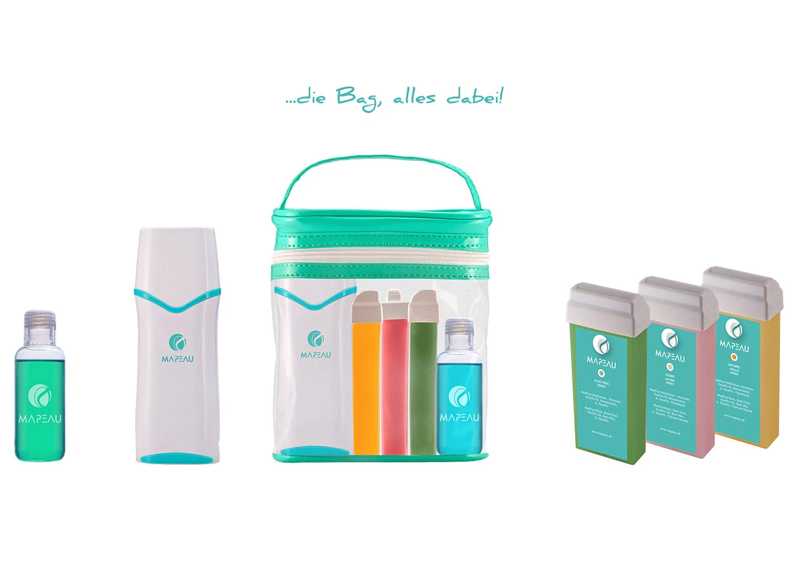 Mapeau Wachswärmer Waxing Set für Haarentfernung, Wachspatronen Kit Roll On (Breit, Schmal, Mini), Waxing Gerät, Vliesstreifen und After Wax Öl mit Tasche