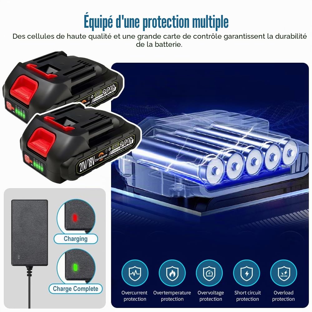 Lot de 2 batteries 21 V 2,0 Ah pour outil électrique, indicateur de charge, batteries pour taille-haie, tondeuse à gazon, souffleur, débroussailleuse, aspirateur, nettoyeur haute pression