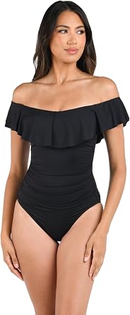 La Blanca Womens One Piece Swimsuit Off Shoulder Ruffle Island Goddess Bathing Suit