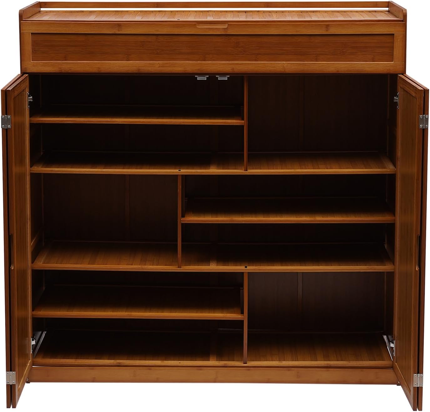 7-Tier Bamboo Shoe Storage Cabinet, 46" L x 13" W x 45.3" H Boots Freestanding Tall Shoes Rack Organizer Entryway with 2 Folding Doors Rectangular Brown for Closet Living Room Bedroom