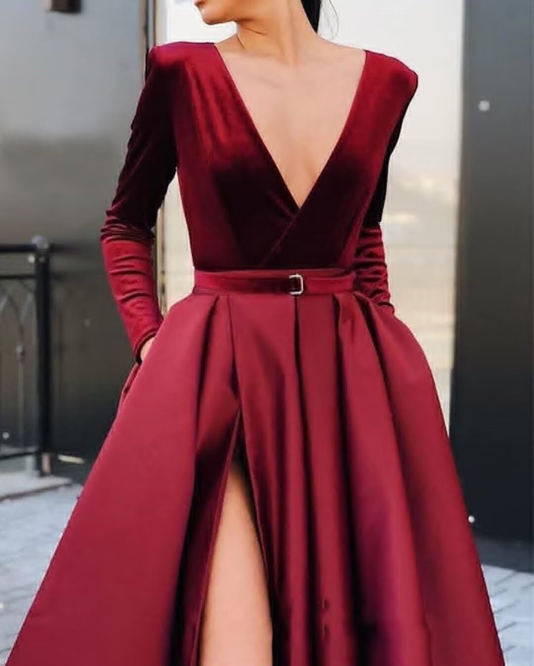 Women's Long Sleeve Sequin Satin V Neck Prom Dresses Formal Wedding Guest Evening Party Gown