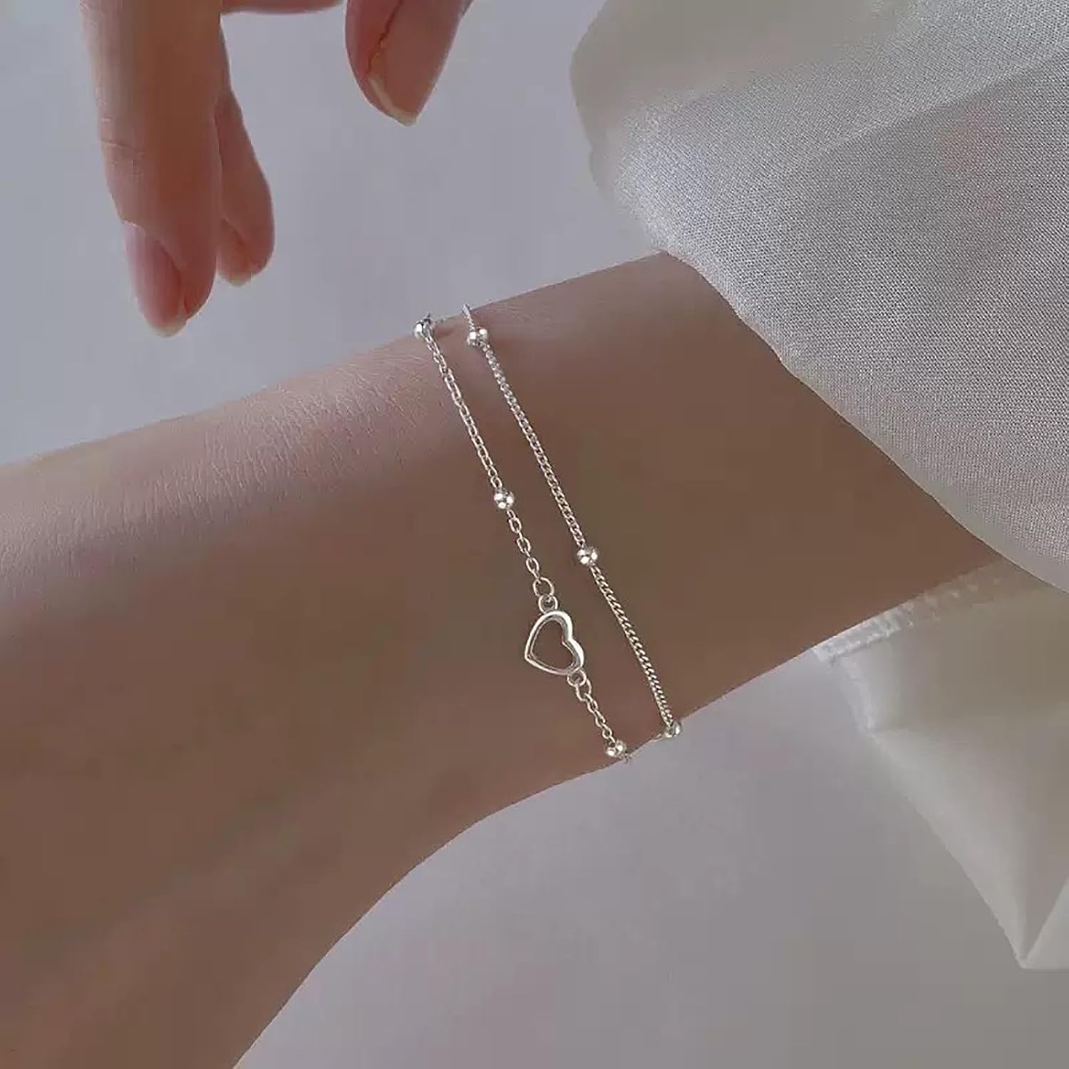 Women's Double-Layer Silver Bracelet - White Gold Plated Heart - shaped Charm Chain Bracelet for Elegant Wrist