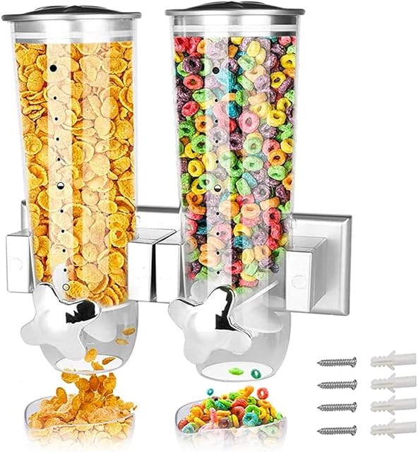 Food Dispensers 2 PACK Wall Mount Double Dry Cereal Dispenser, Convenient Storage Dual Control for Cereal Nuts, Coffee Beans Trail Mix Candy Oatmeal Rice Pasta Candy Container