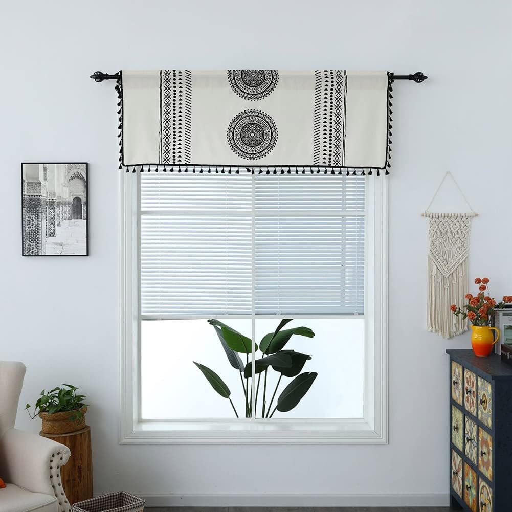 Blackout Boho Window Curtain Panel with Tassel, Bohemian Stripe Geometric Floral Printed Soft Curtain for Bedroom, Kitchen Darkening Linen Rod Pocket Drape Decor, 59" x 63", 1 Panel