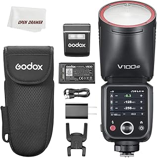 غودوكس فلاش V100C V100-C بشاشة لمس برأس دائري، 100 واط مزامنة فلاش غالق عالمي 1/80000، 1/8000 اتش اس اس، بطارية ليثيوم مدمجة، مصباح نمذجة LED بـ 10 مستويات، لكاميرا كانون