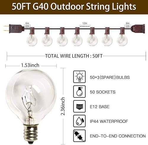Miniatura 6 de Guirnalda de luces de patio al aire libre de 50 pies, tira de luces transparentes G40 con 53 bombillas de globo, tira de luces colgantes