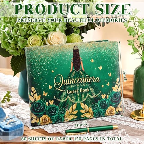 Image of MotiMind Quinceanera Guest Book with Pen 11 x 8 Inch Libro De Firmas Para 15 Anos Quinceanera Leather Hardcover Signature Guest Sign in Book for 15th Party Favors Decoration (Green,Elegant)