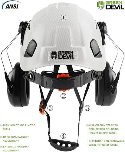 Miniatura 4 de GREEN DEVIL Casco de seguridad con visera y protección para los oídos, ajustable, ligero, ventilado, ABS, suspensión de 6 puntos, aprobado por ANSI