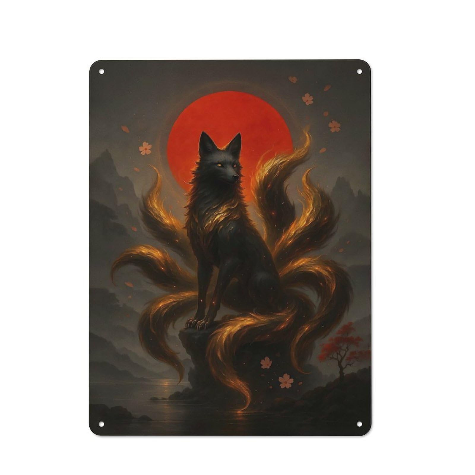 Junmoney Style-14 Nine-Tailed Fox With Red Moon Vintage Tin Wall Plaque 40X30cm For Hobby Room Or Studio, A Decorative Metal Sign For Hobby Rooms And Studios