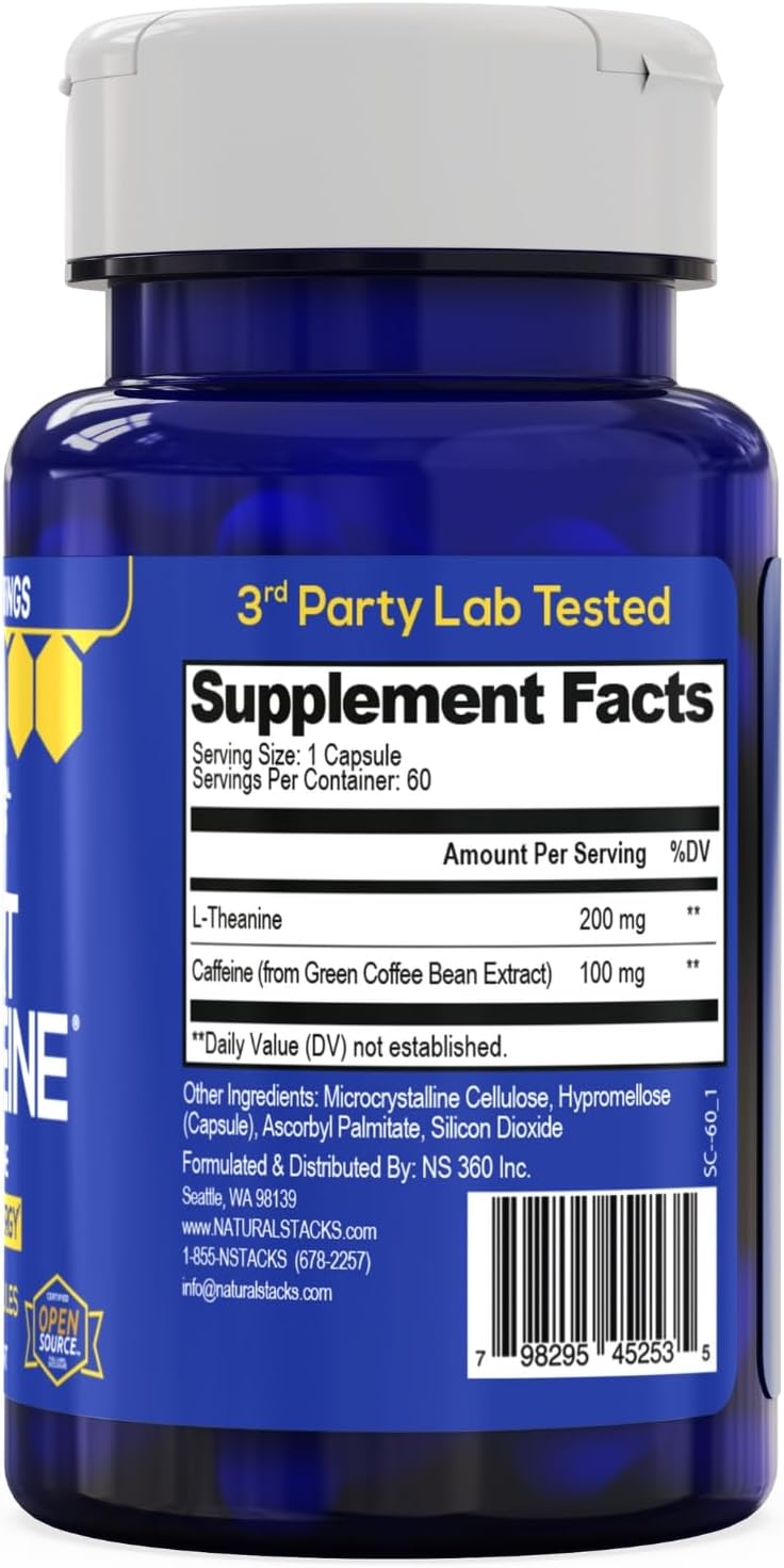 NATURAL STACKS Smart Caffeine Pills - 100mg Caffeine + 200mg L-Theanine Supplement - Supports Energy and Focus - No Jitters and No Crash - 60 Capsules - Image 10