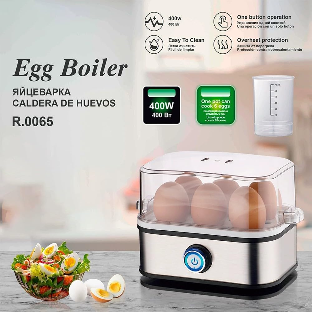 Apparecchio per cuocere uova 6 in 1 in acciaio inox per bollire bracconaggio, cottura a vapore e frittate, lavabile in lavastoviglie, spegnimento automatico