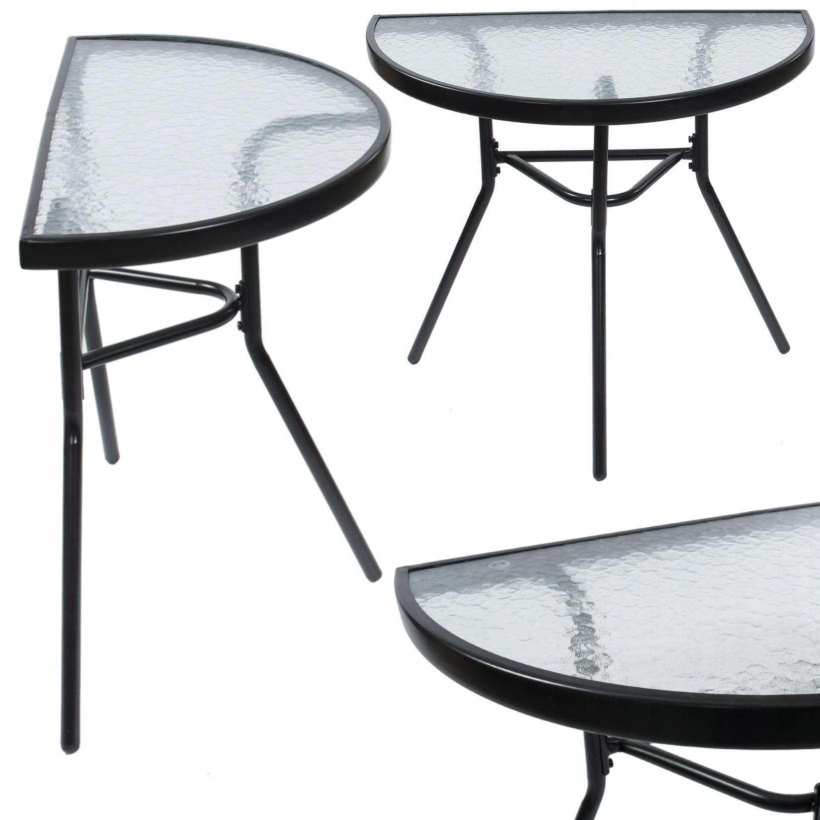 JUMI Praktischer Gartentisch 70 x 64 x 40 cm – Halbrunder Balkontisch für Balkon, Terrasse, Garten, Camping – Kompakter Tisch mit Glasplatte - Metallrahmen, Schwarz