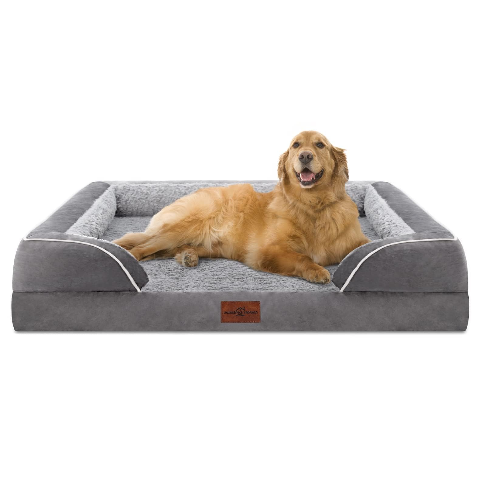 Comfort Expression Orthopädisches Hundebett Große Hunde, 106x76x21 cm, Hundesofa mit Eierförmigem Kistenschaum, Hundebett Waschbar, Wasserfestes Hundekissen & Rutschfester Hundekorb, Grau