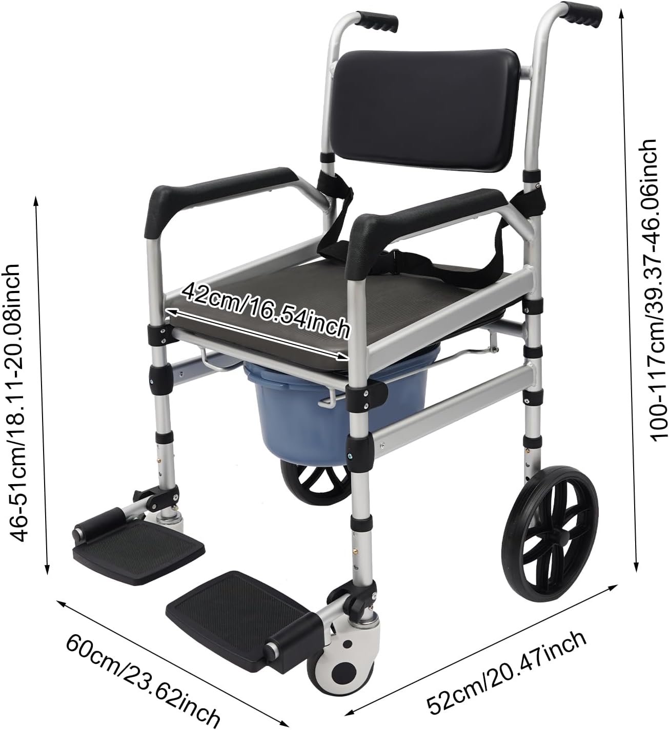 Shower Commode Wheelchair with Wheels, Footrests, Flip-up Arms, 3-Level Adjustable Height, 330 LBS Capacity, Commode Chair for Adults Seniors (O Shape)