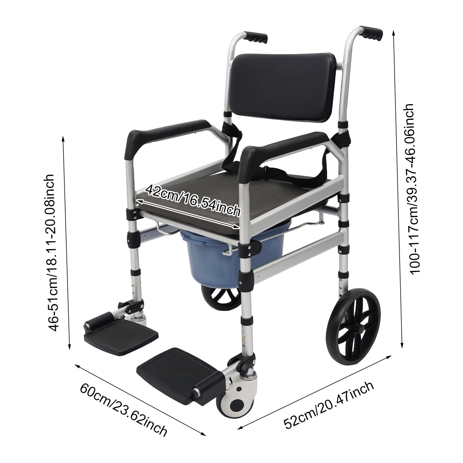 Silla de baño plegable de hasta 150 kg de aluminio, altura de asiento de 46 – 51 cm, silla de ruedas con inodoro y ruedas con frenos, silla de ruedas para personas mayores y movilidad reducida (placa