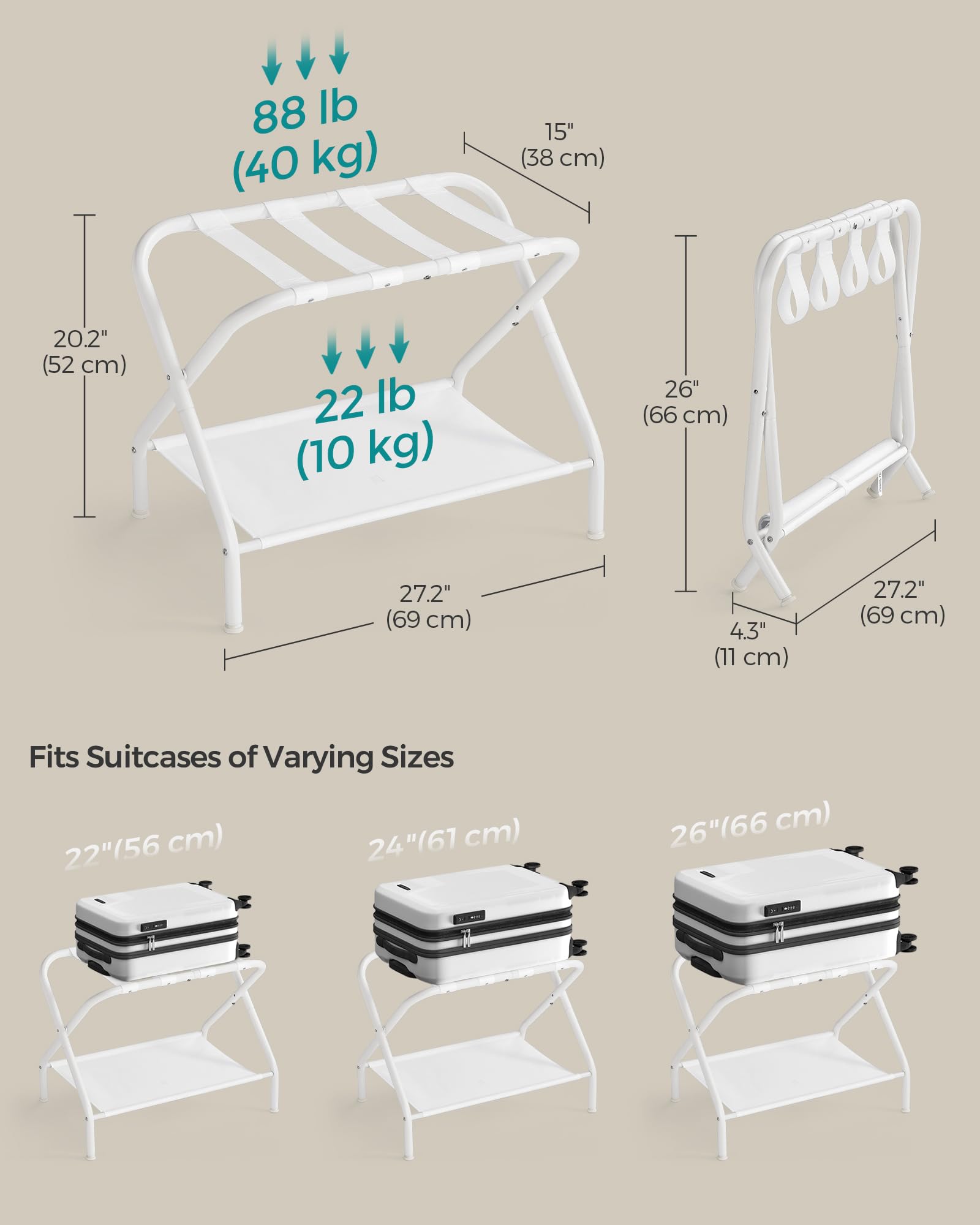 SONGMICS Lot de 2 porte-bagages avec étagère de rangement en tissu, peut supporter jusqu'à 50 kg, 69,9 x 38,1 x 52,1 cm, blanc nuage RLR002W02