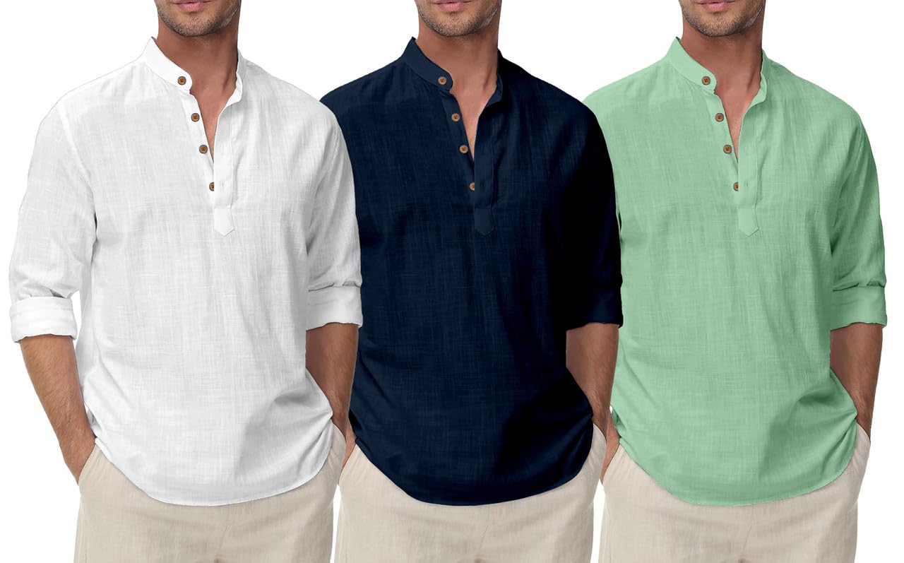 Combo Cotton Blend Mens Kurta Shirt Solid Color, Mandarin Collar Short Kurta Full Sleeve, Regular Fit Ethnic Casual Wear (Pack of 3)-image-9