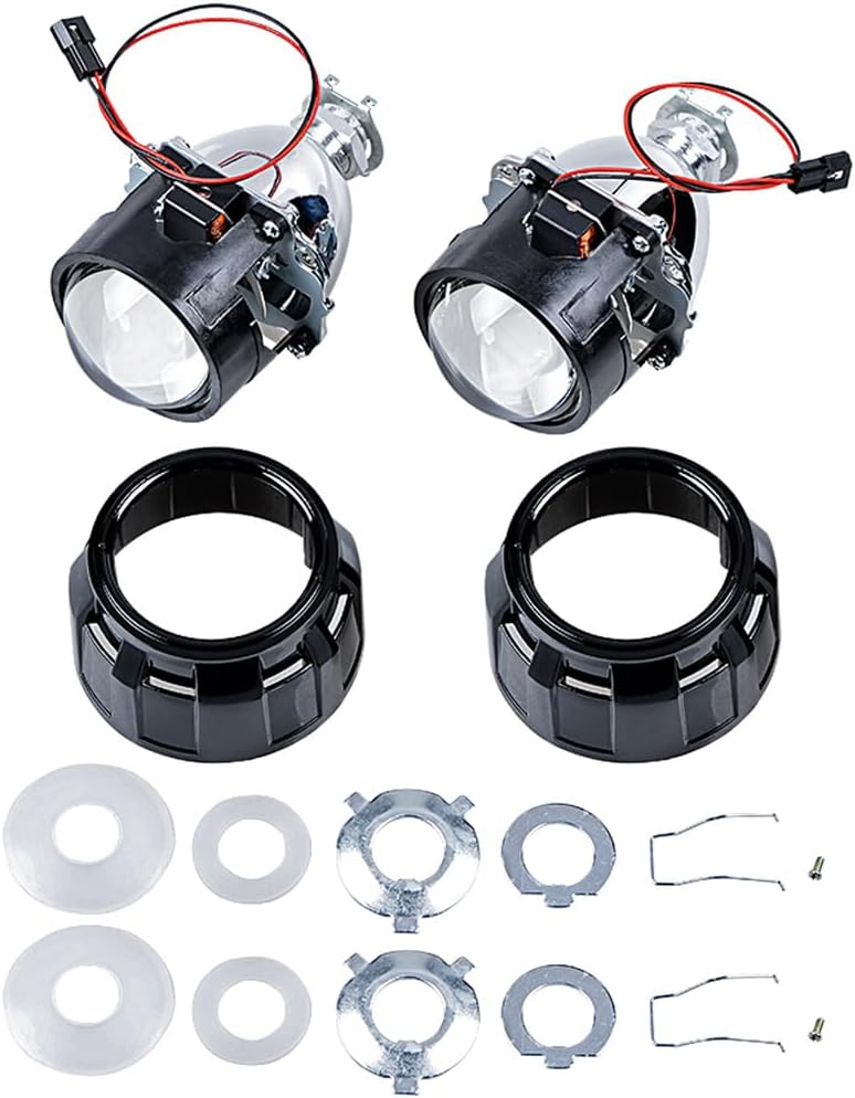 Completed Kit Bi-Xenon Mini 2.5" Projector High Low Beam with Glass Clear Lens, Metal Housing, Black ABS Shrouds Accessories w/o Bulbs for H1 H4 H7 H11 9005 9006 9007 H13 HID