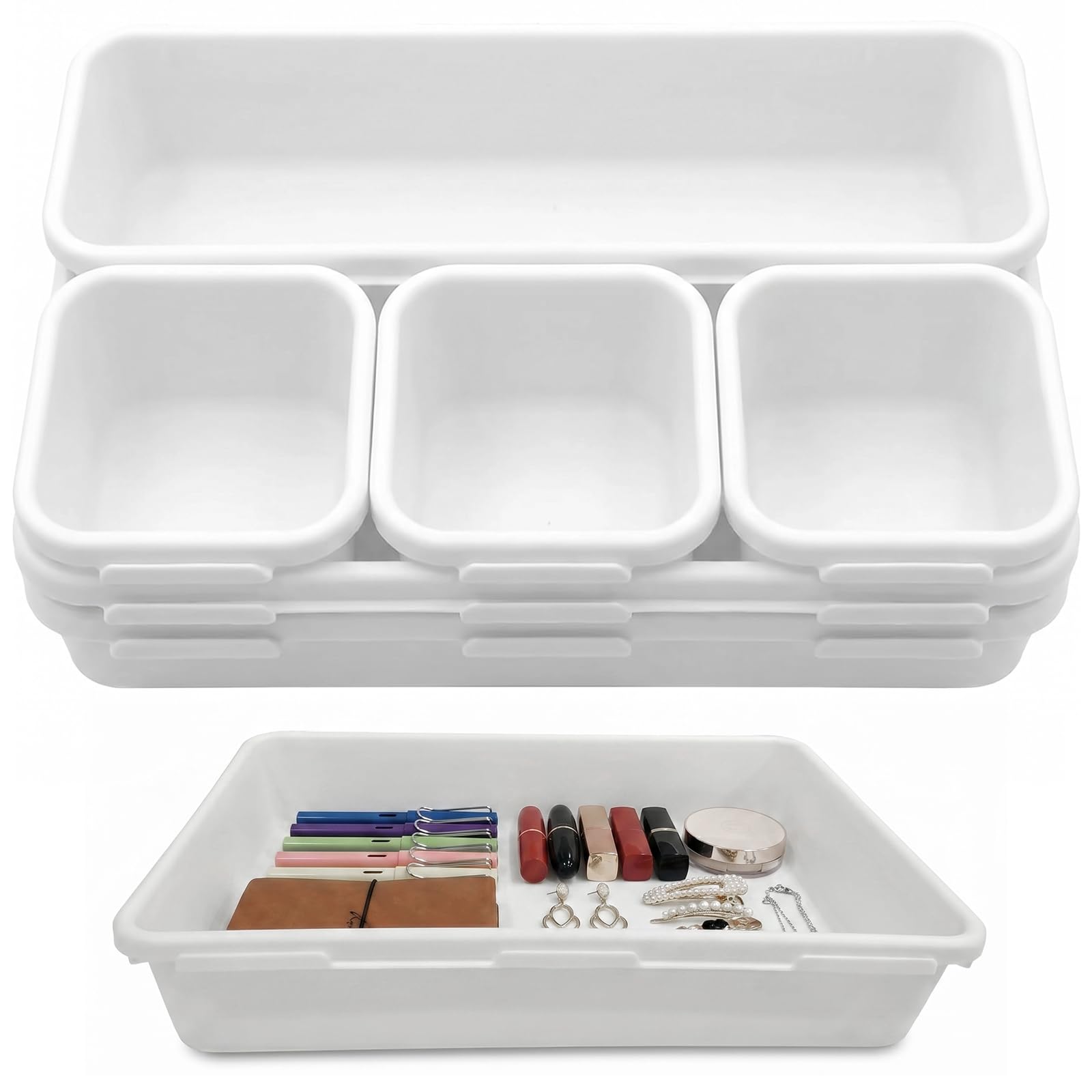 SZHUGEKI 8 Pcs Interlocking Drawer Organiser, 3 Sizes Drawer Dividers Plastic Storage Trays for Kitchen Bathroom (White)