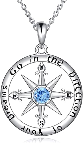 AOBOCO Collar de brújula para mujer de plata de ley 925 con colgante de brújula de graduación, collar de viaje, joyería de graduación, regalos para