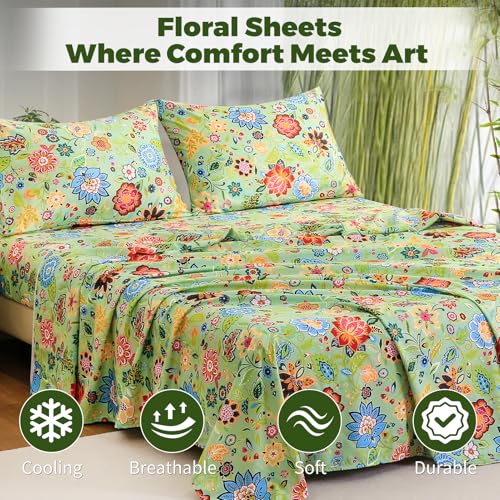 Image of Bedlifes Extra Deep Pocket 18-24 inch Queen 4-Piece Sheet Set - Cooling Sheets Blend Rayon Derived from Bamboo Soft & Breathable Floral Sage Green