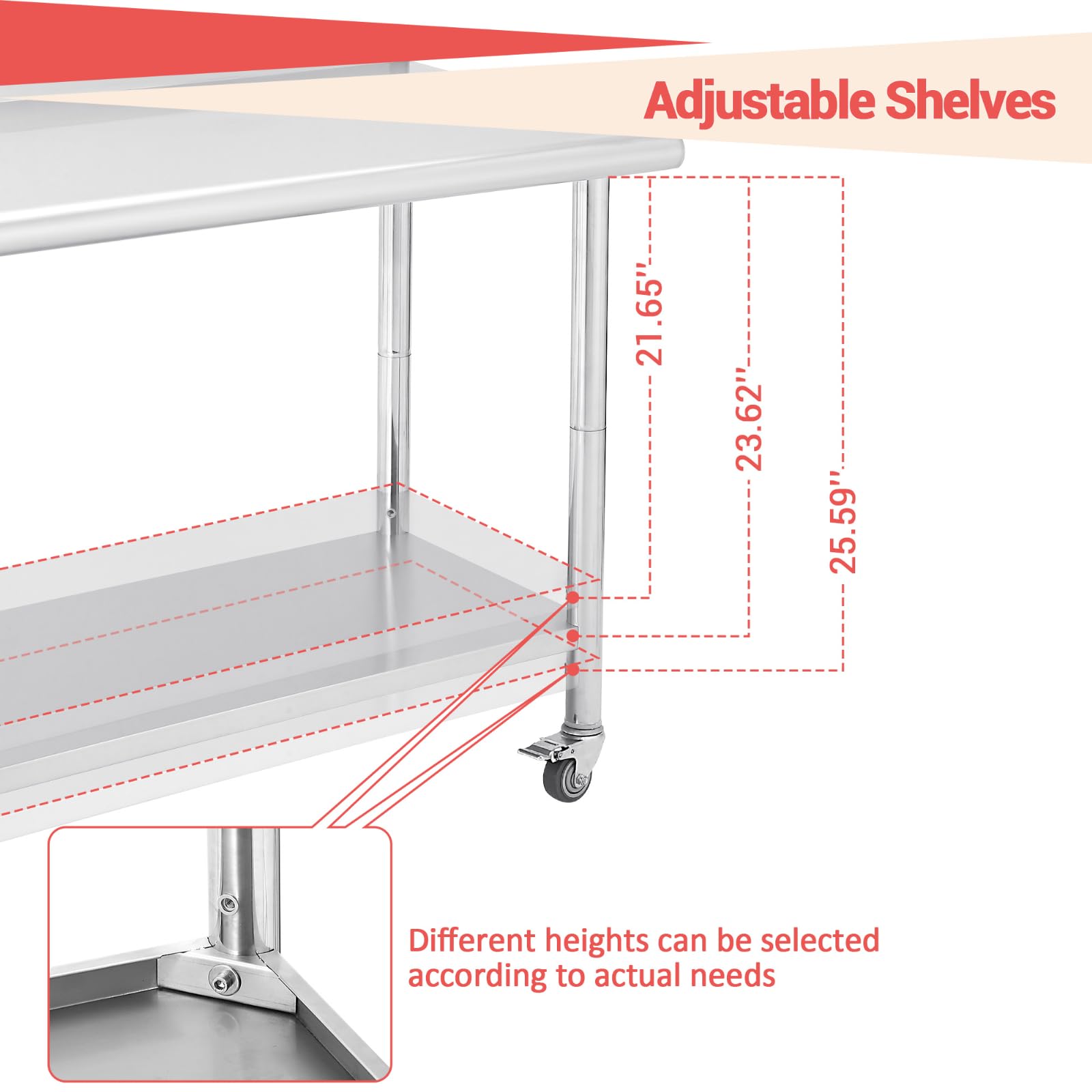 Tavolo da Lavoro in Acciaio Inox 76x61 cm con 4 Ruote, Tavolo da Lavoro e Preparazione per cucine Commerciali Certificato NSF con ripiano Inferiore e Gambe zincate per ristoranti, Bar, ripos
