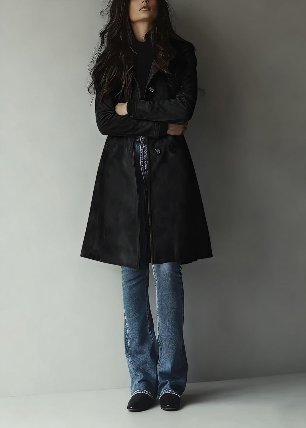 utcoco Womens Long Suede Trench Coat Single Breasted Leather Trench Overcoat with Pocket - Image 4