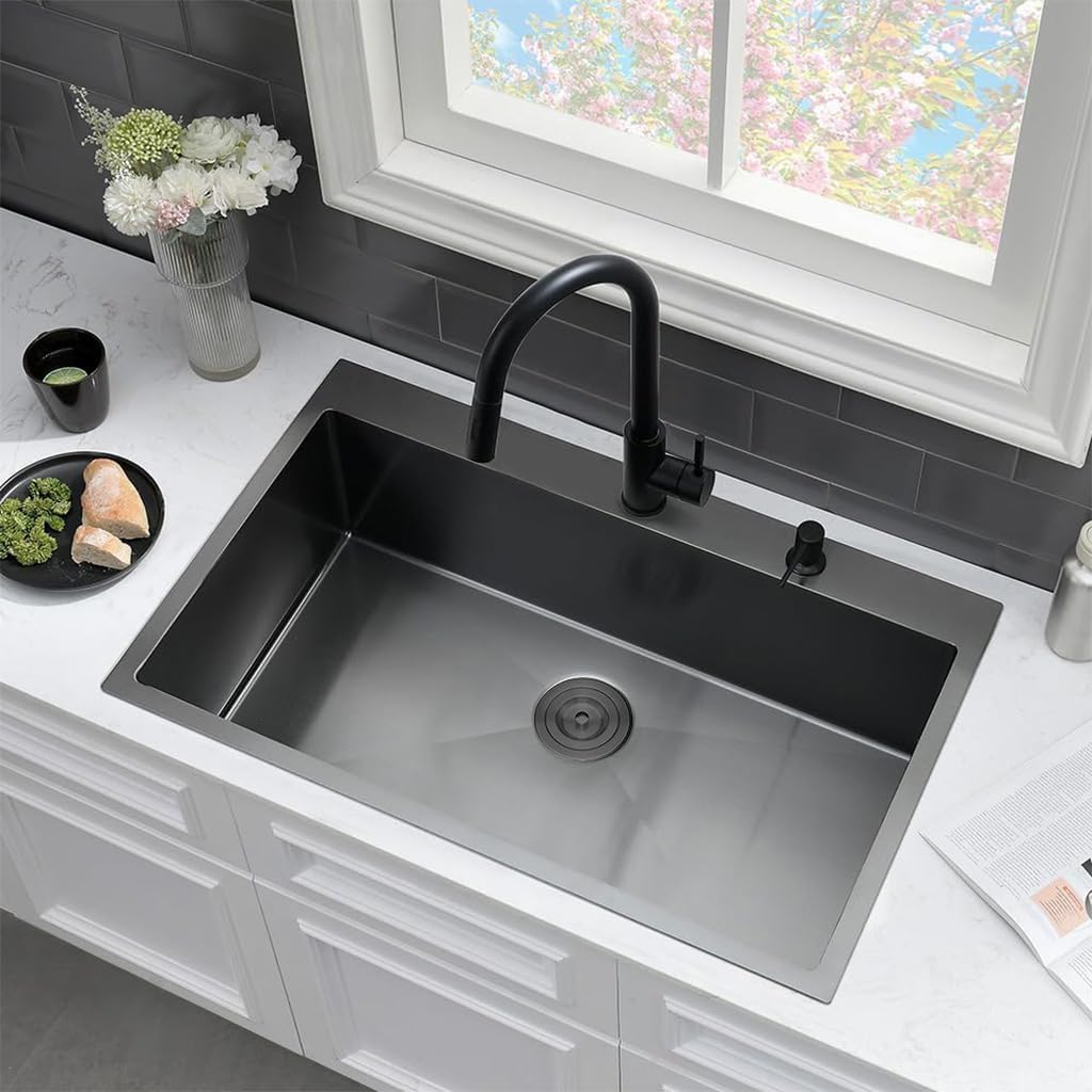 18 x 19 Inch 304 Stainless Steel Drop In Bar Sink,Black Topmount Single Bowl Workstation Kitchen Sink With Protective Bottom Grid For Camper,RV Sink