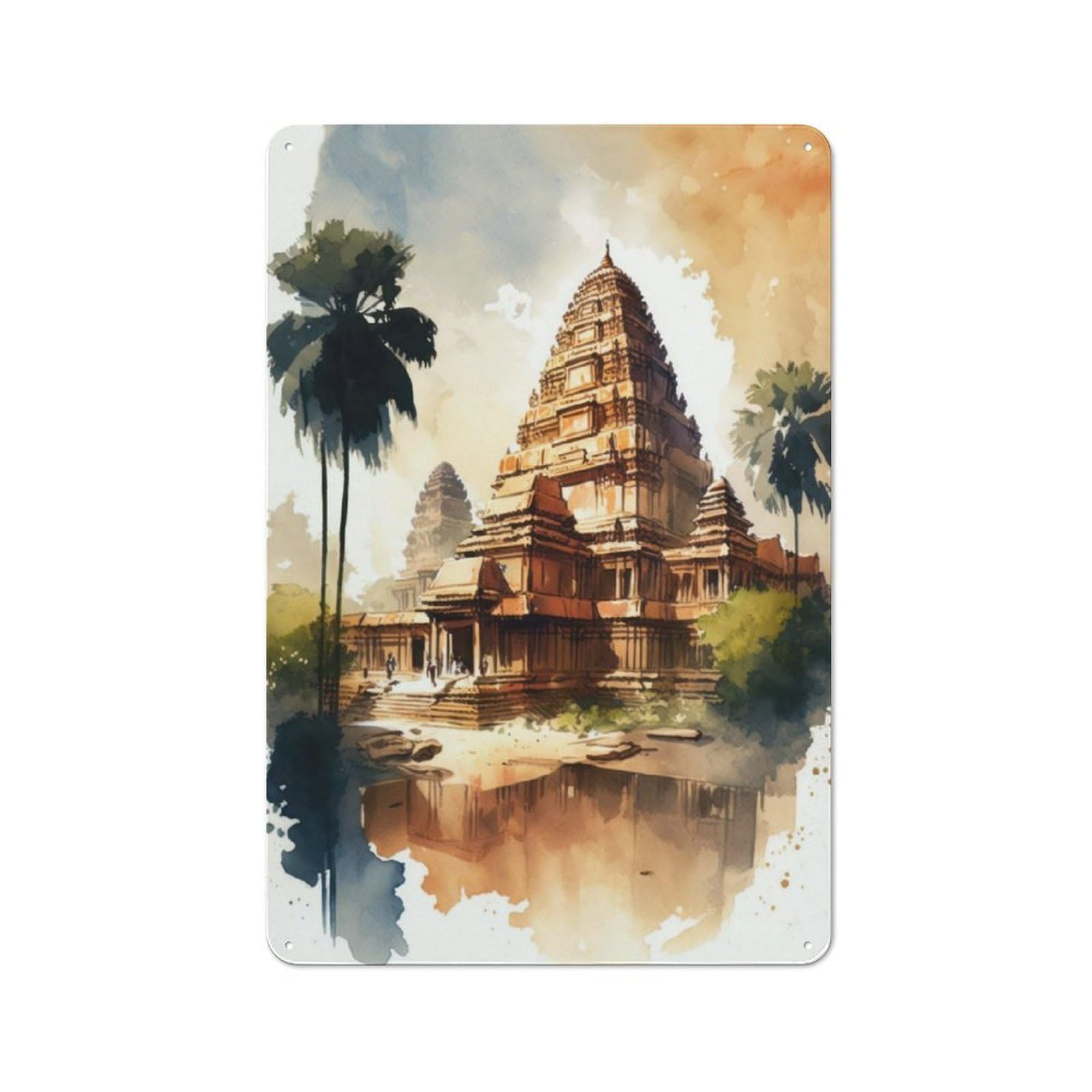 Junmoney Angkor Wat Watercolor Tin Wall Plaque 30X20cm With For Pub Or Café, With Clear Vintage Wall Decor Character