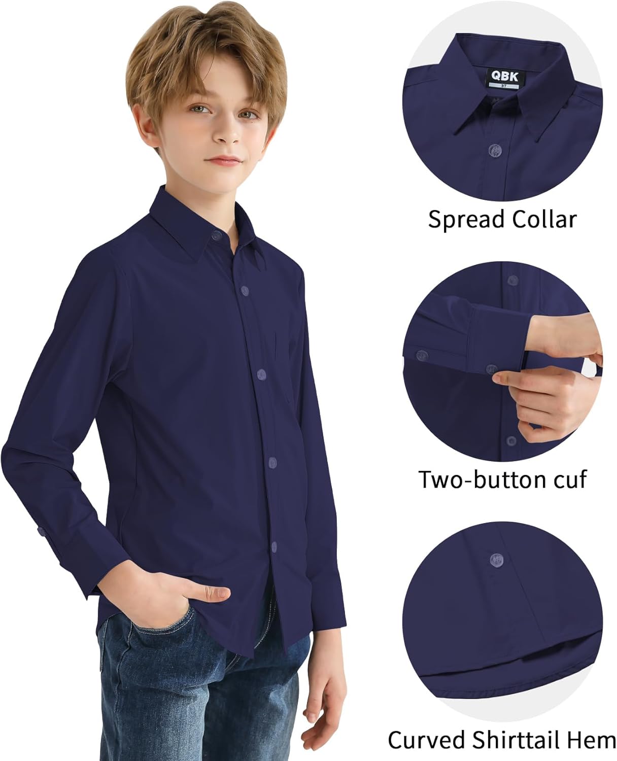 2T-16Y Boys' Stretch Long Sleeve Button Down Toddler Dress Shirt Wrinkle Free Oxford Uniform Shirt with Chest Pocket - Image 3
