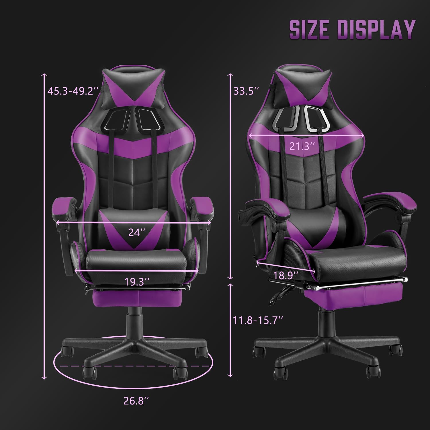 Huracan Gaming-Stuhl Ergonomisch, Gaming Chair PC Stuhl mit Massagefunktion, Atmungsaktiv PU-Leder, Höhenverstellbar Gamer Stuhl, verstellbare Armlehnen, Kopf- und Lendenstütze für Gamer, Lila