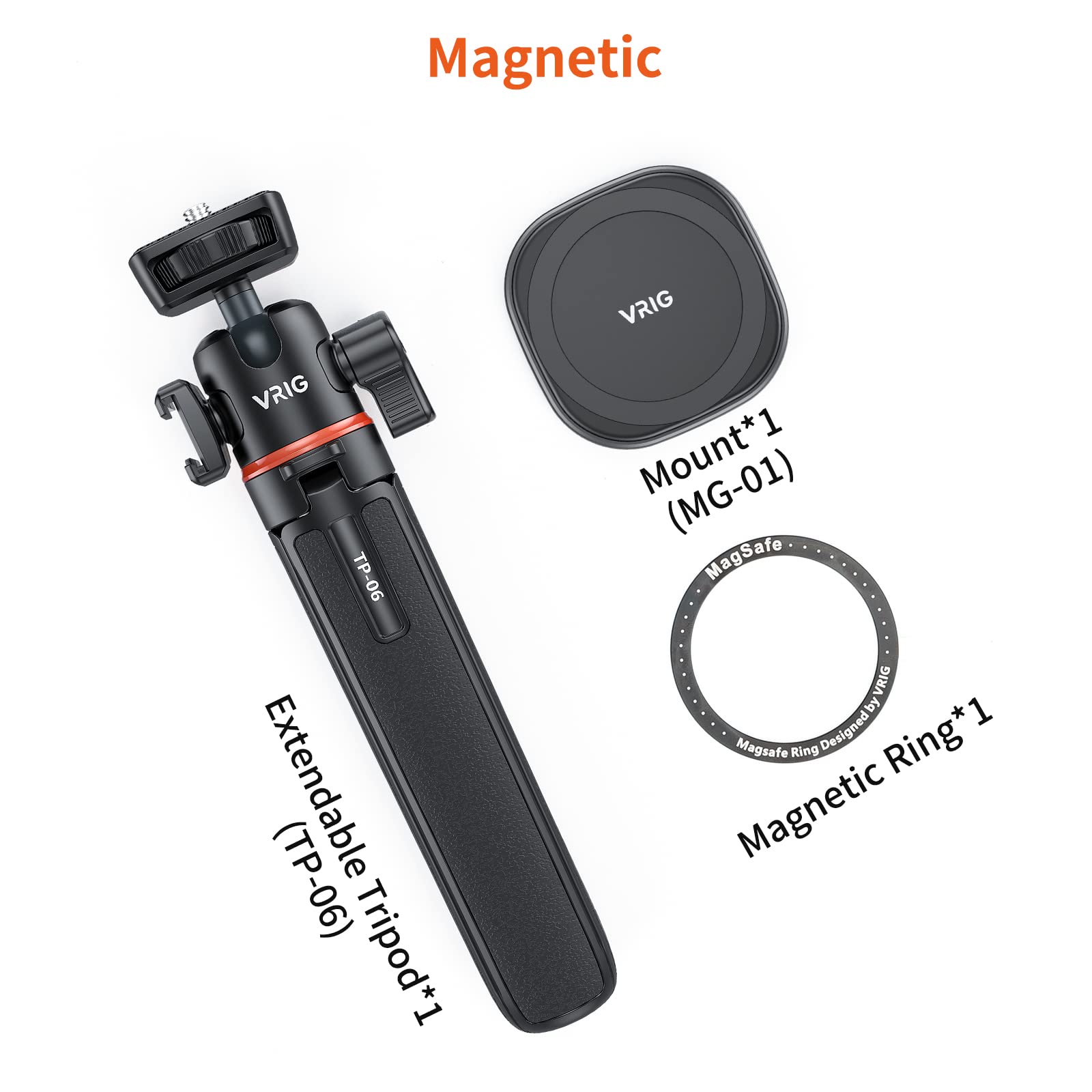 VRIG Perche à selfie magnétique extensible de 54,9 cm avec support de trépied magnétique de 6,35 mm + anneau magnétique, trépied pour téléphone portable iPhone 16.15.14.13.12 et tous les téléphones et