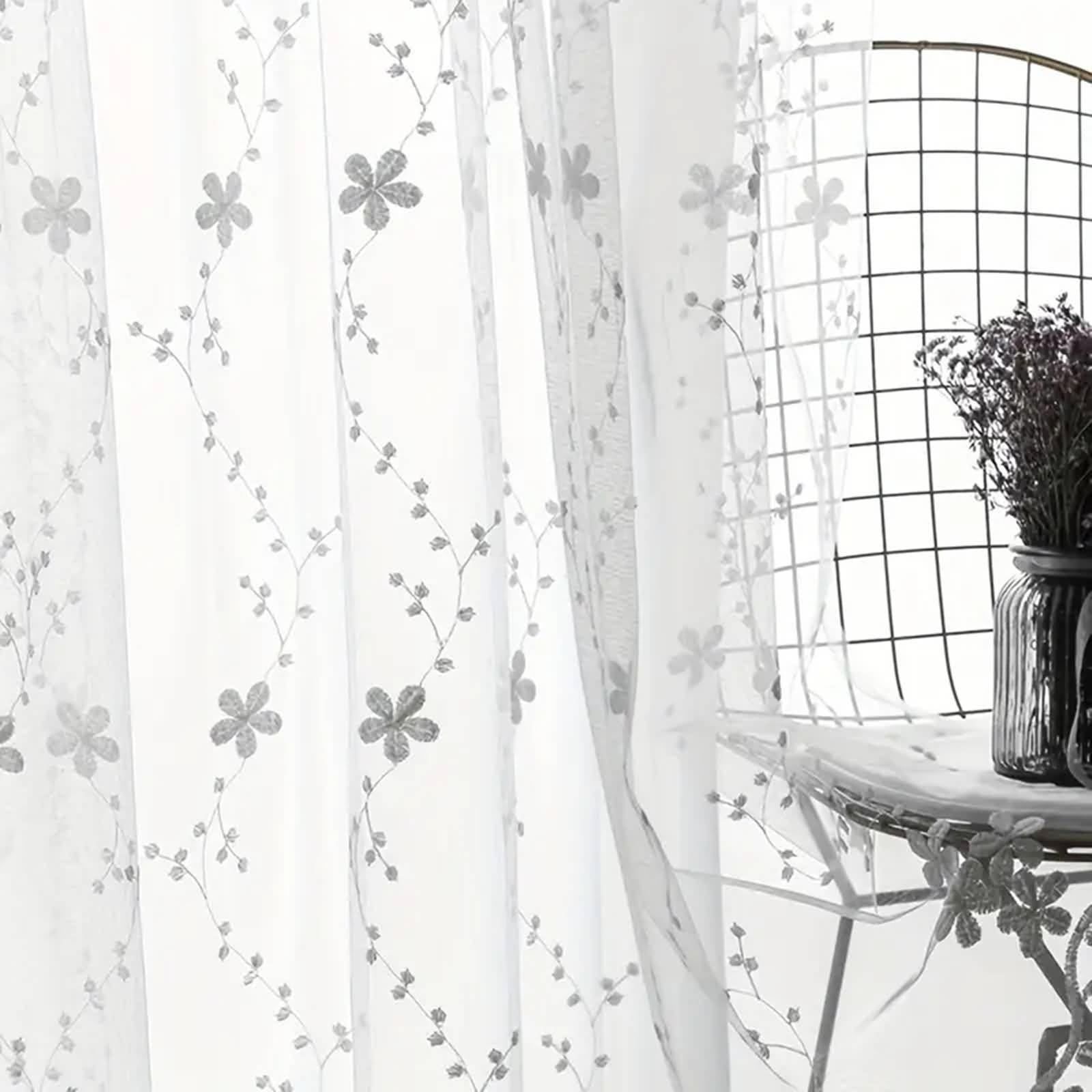 Wycian Bellissime tende in poliestere semitrasparente bianco con fiori ricamati, 102 x 138 cm (larghezza x altezza)