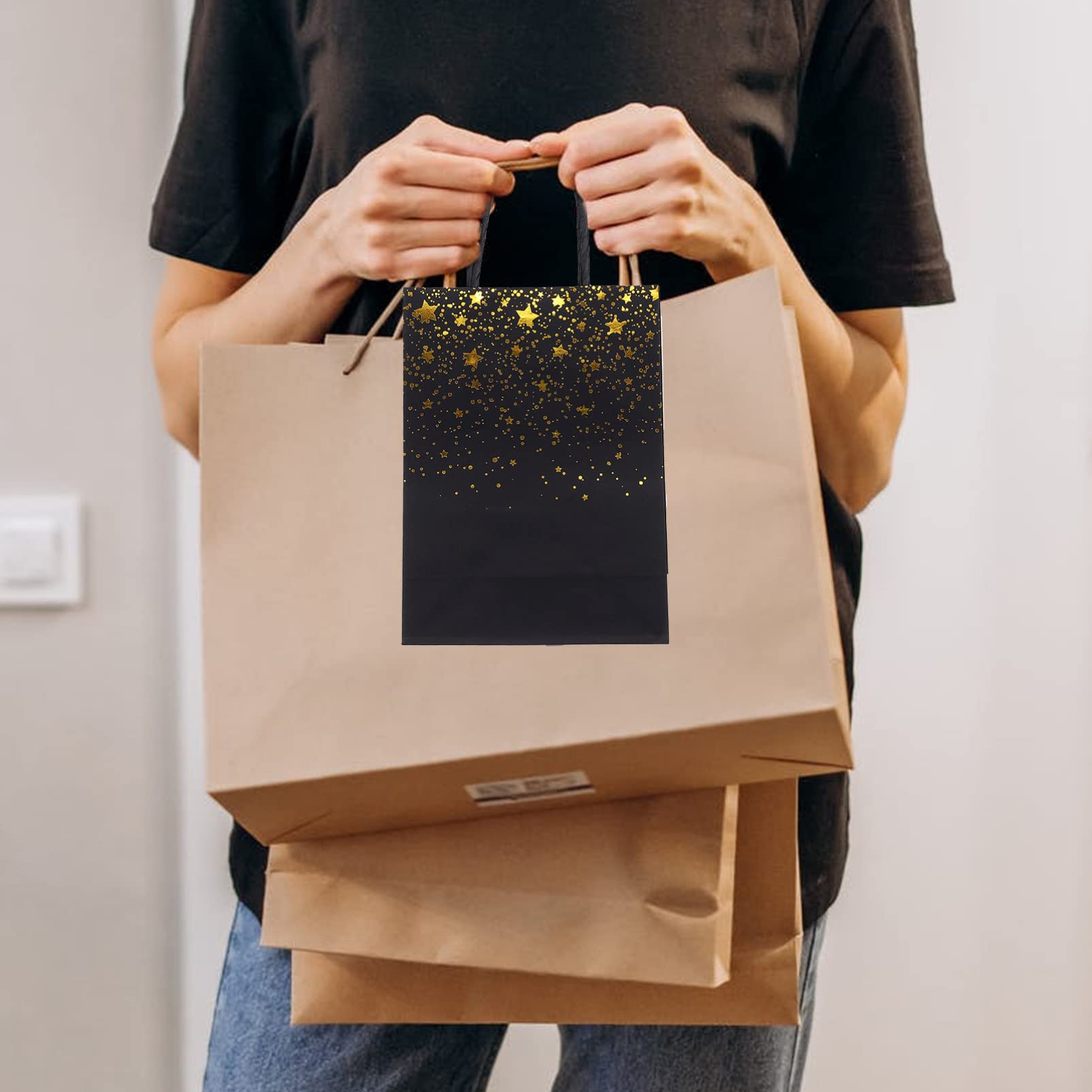 minkissy 40stücke Sternenbedruckte Geschenktüten Für Abschlusspartys Schwarze Papiertüten Mit Goldprägung Für Geburtstagsfeiern Und Besondere Anlässe