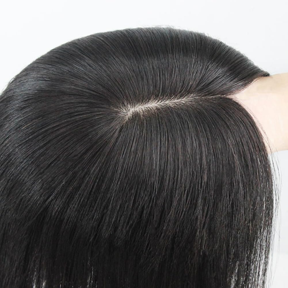 Hand Made Seamless Straight Human Hair Topper Hairpiece Top Piece Wiglets Needle Hairpiece for Women Thin Hair(Natural Black) (Natural black,15 * 17 50cm)
