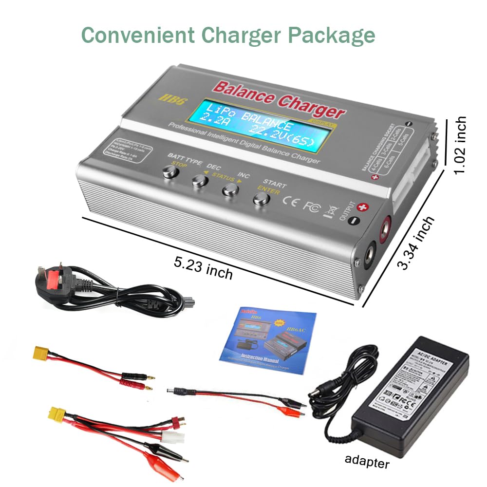 Cargador LiPo Haisito HB6, Cargador/Descargador de batería RC con Equilibrador para LiPo Lilon Life NiMH NiCD PB, 80W 6A con Adaptador AC/DC, Compatible con Tamiya / XT60 / Deans/JST/Futaba