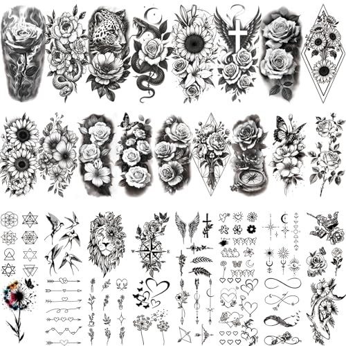92 PCS Black Flowers Temporary Tattoos Adult Women Girl Teens 3D ...