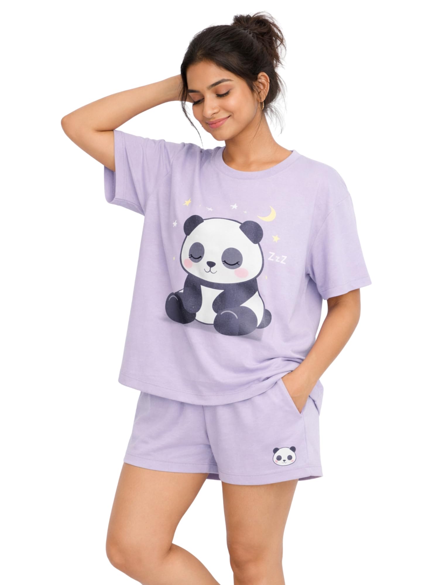 zibell Women Cotton Night Suit, Lavender Printed T-Shirt & Shorts Pajama Set, Soft Comfortable Summer Nightwear-picture-36