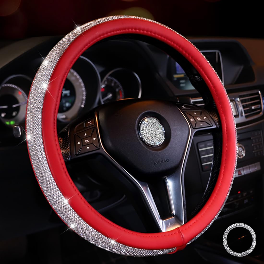 Couvre Volant Paillette Strass Protege Volant Voiture en Cristal Diamant Brillant 38 cm Antidérapant Glitter Housse Volant Voiture Bling Accessoires pour Femmes (Rouge-Blanc)
