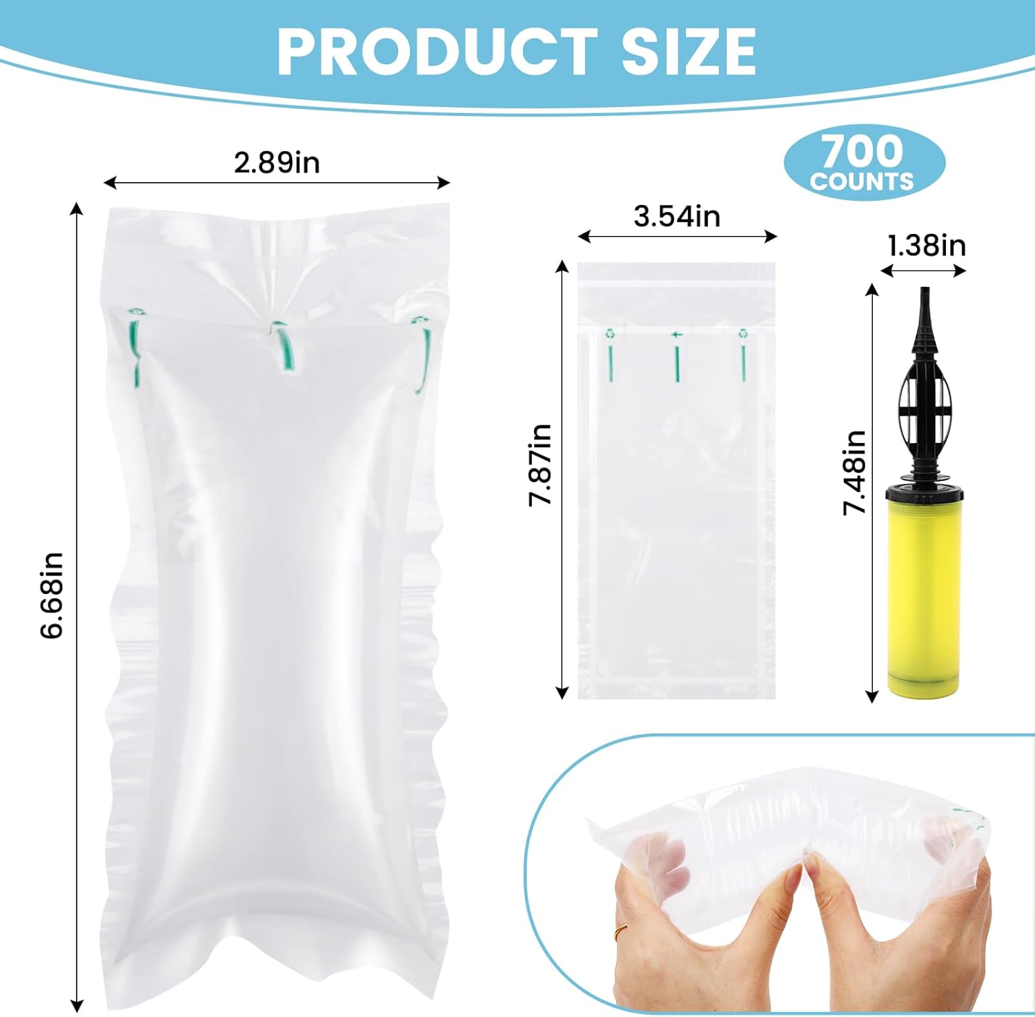 Air Pillows for Shipping Packaging Air Bags with Pump, 700 Count Inflatable Shipping Supplies Box Filler Packing Materials, Alternative to Packing Peanuts, Purse Stuffers for Shape 3.54" x 7.87"