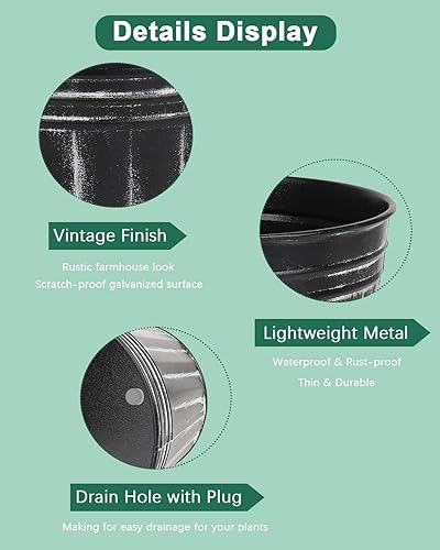 Miniatura 7 de vensovo Macetas rústicas de metal de 6 pulgadas, 6 macetas galvanizadas medianas de color gris y verde con orificio de drenaje y tapón de goma,