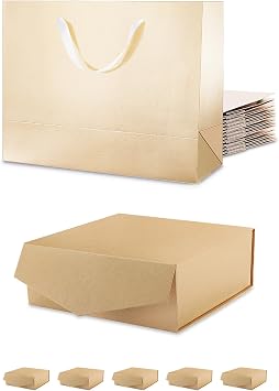 12 Large Champagne Gift Bags 13x5x10 Inches, 6 Kraft Gift Boxes 9x9x3.4 Inches with Lids for Thanksgiving Day and All Occasions