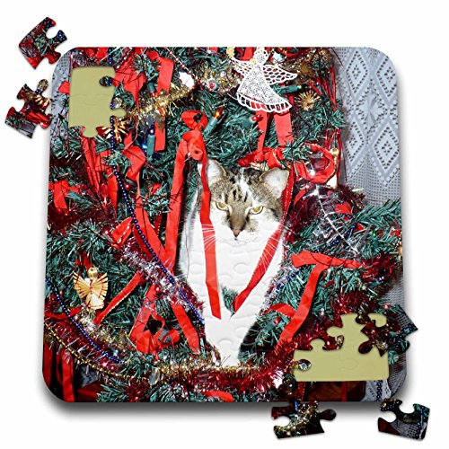 3dRose Cat in a Decorative Christmas Tree on Table - Puzzle, 10 by 10-inch (pzl_269530_2)