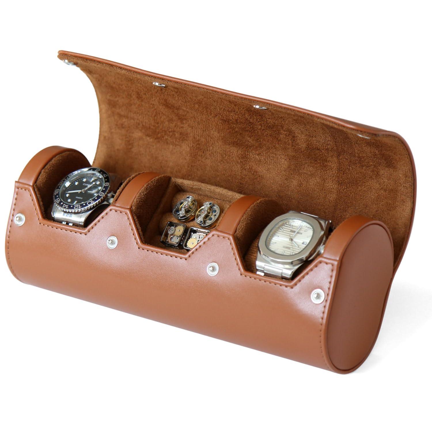 Custodia organizer per orologi e gemelli, da uomo, con rotolo, portatile, con 2 scomparti per orologi e gemelli, con velluto per riporre orologi grandi, custodia da viaggio per gemelli