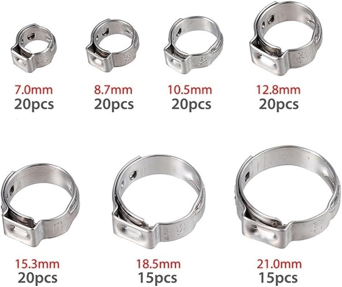 130pcs Single Ear Stepless Hose Clamps 1PC Hose Clip Clamp Pliers 7-21mm 304 Stainless Steel Hose Clamps Cinch Clamp Rings(130pcs)