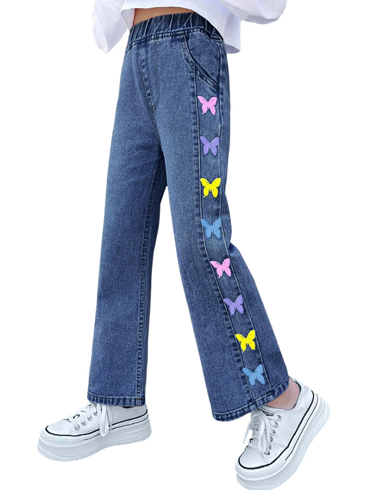 Haloumoning Mädchen Jeans Schmetterlingsprint Denim Hosen Kinder Baggy Jeanshosen weitem Bein Elastisch Streetwear mit Taschen