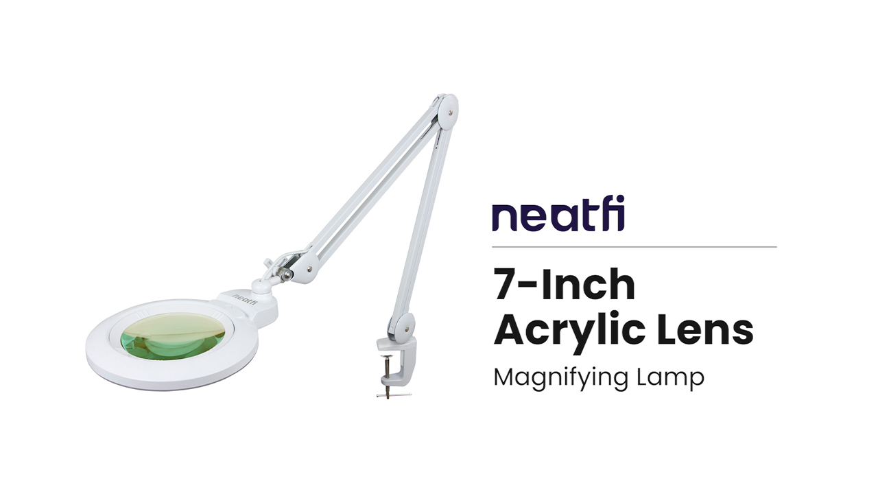 Image of Neatfi XL Bifocal LED Magnifying Lamp, 7 inch Acrylic Lens, 2.25X /6X, 1,600 Lumens Dimmable | 3 Light Modes, Adjustable Arm & Clamp | Reading, Crafting & Jewelry (Black, 7-inch Lens, CCT with Clamp)
